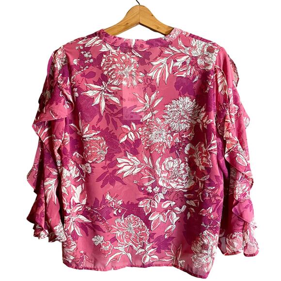 ZARA Printed Top Ruffles Floral Pink 3/4 Sleeves Button Down Chiffon Medium NWT - Picture 2 of 14